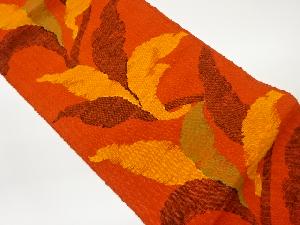 手織り真綿紬抽象草葉模様織出し名古屋帯